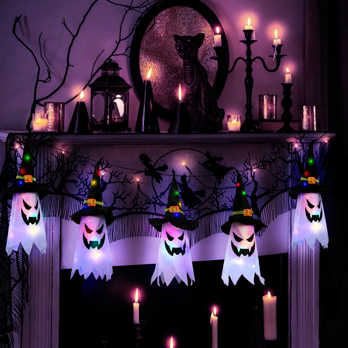 "Spooktacular Halloween Hanging String Lights - 5 Pcs Glowing Ghost & Witch Hat Ornaments for Outdoor & Indoor Decor!"