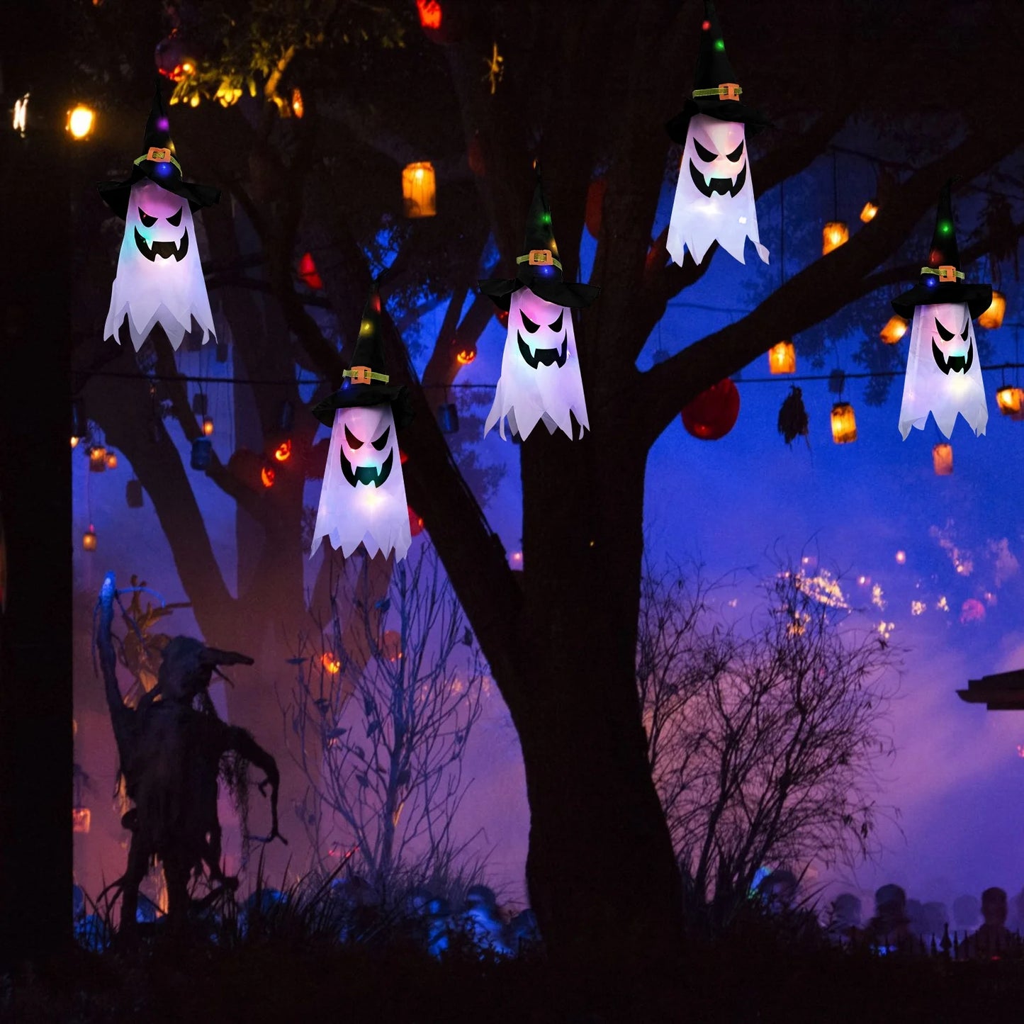 "Spooktacular Halloween Hanging String Lights - 5 Pcs Glowing Ghost & Witch Hat Ornaments for Outdoor & Indoor Decor!"