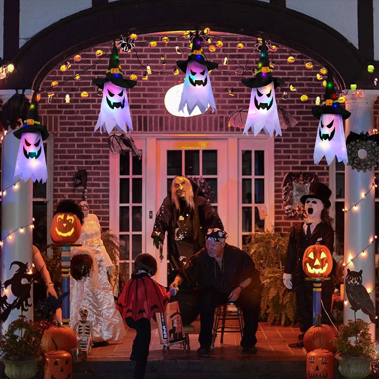 "Spooktacular Halloween Hanging String Lights - 5 Pcs Glowing Ghost & Witch Hat Ornaments for Outdoor & Indoor Decor!"