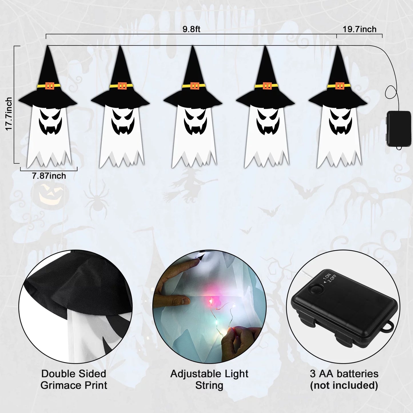 "Spooktacular Halloween Hanging String Lights - 5 Pcs Glowing Ghost & Witch Hat Ornaments for Outdoor & Indoor Decor!"