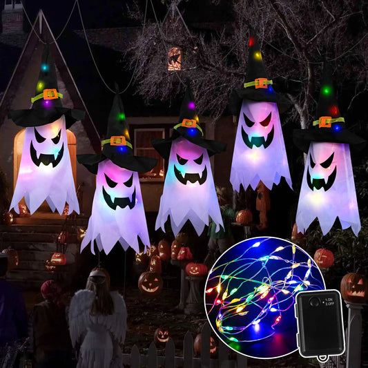 "Spooktacular Halloween Hanging String Lights - 5 Pcs Glowing Ghost & Witch Hat Ornaments for Outdoor & Indoor Decor!"