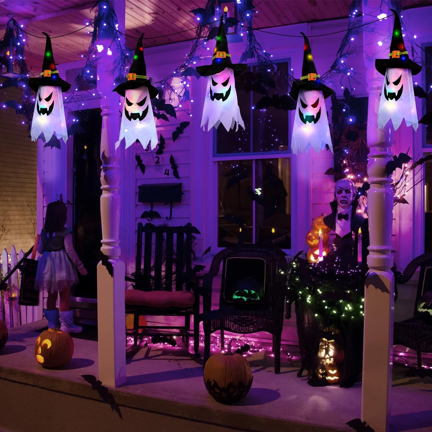 "Spooktacular Halloween Hanging String Lights - 5 Pcs Glowing Ghost & Witch Hat Ornaments for Outdoor & Indoor Decor!"